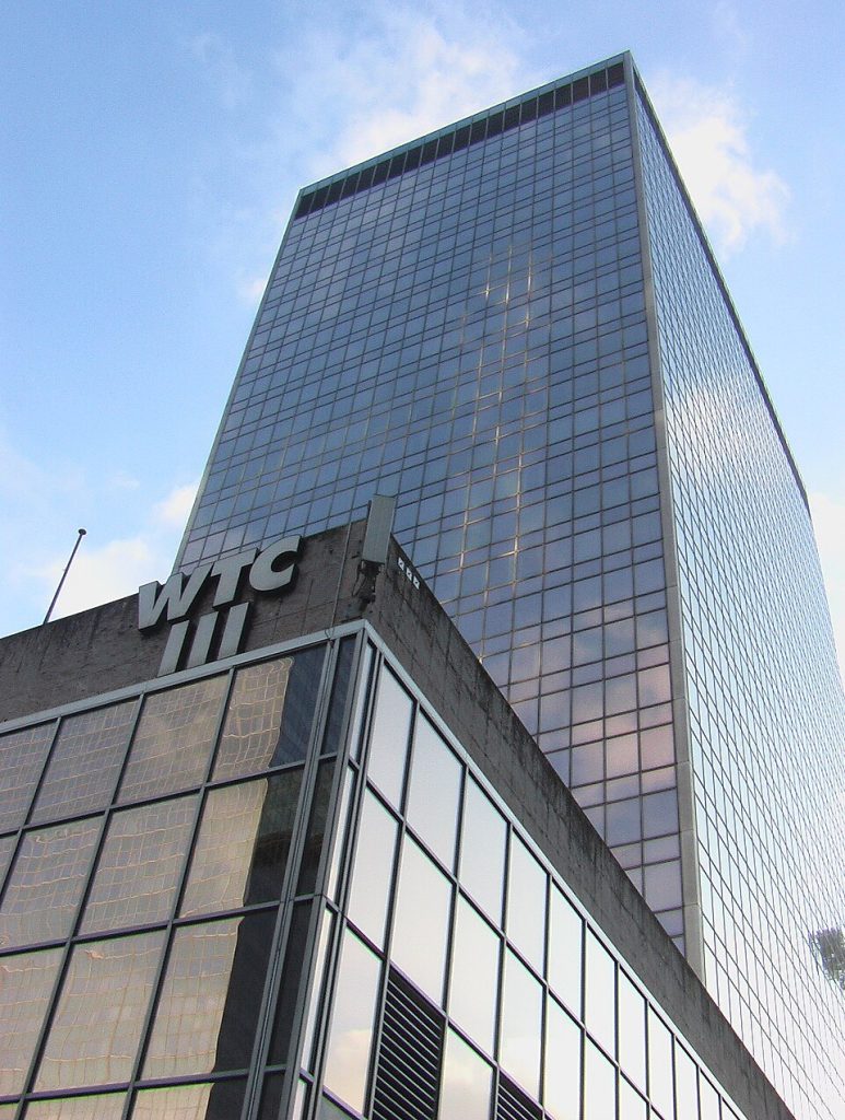 Looking up at the WTC III office tower in Brussels