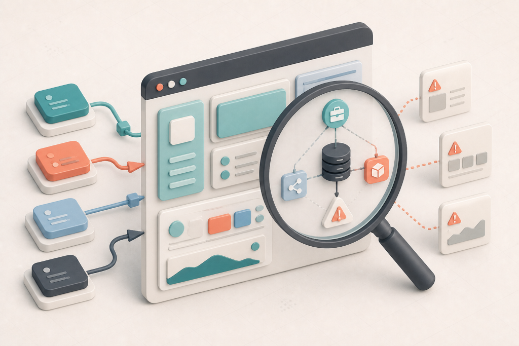 An isometric illustration of a frontend interface under a magnifying glass, revealing connected state, business rules and warnings.