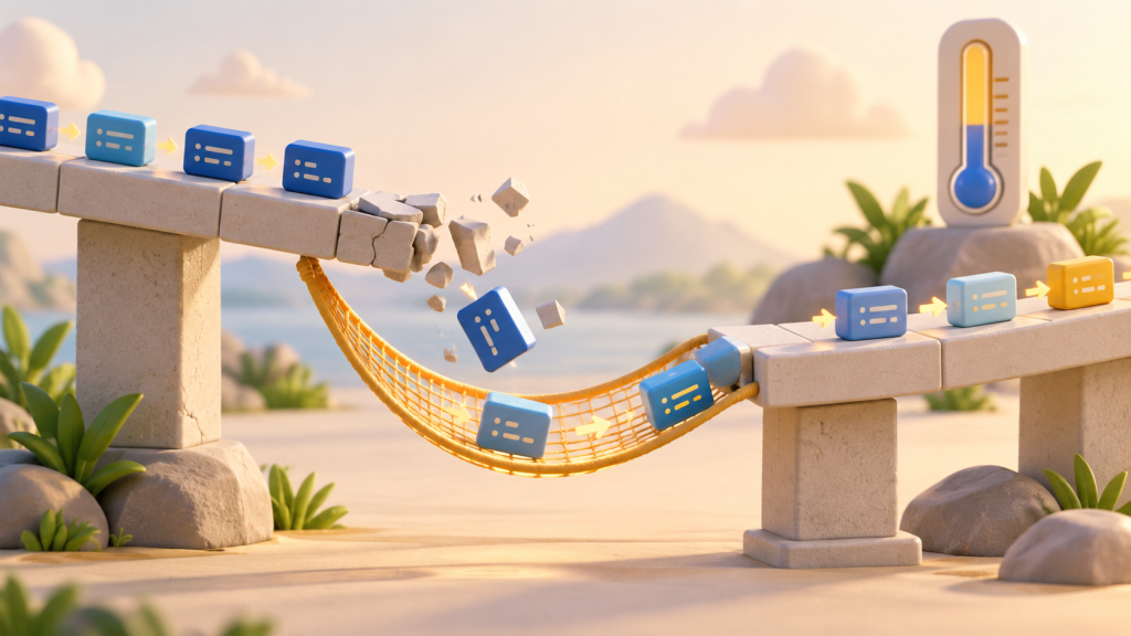 A safety net catches a code block falling through a broken path, with a thermometer in the background.