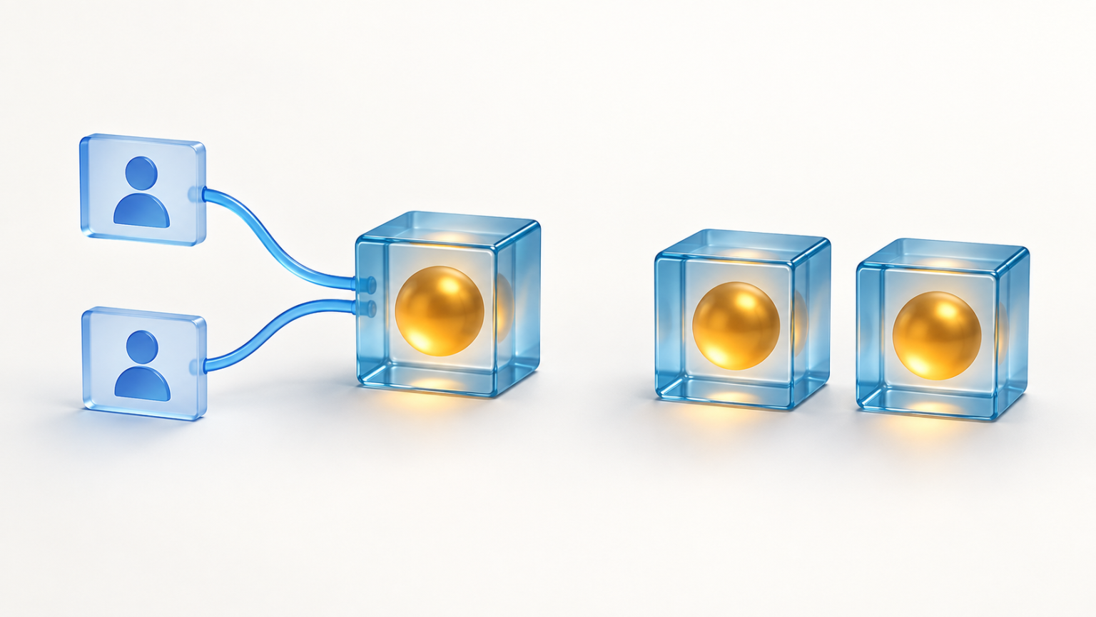Two references connect to a single shared object, beside two separate objects containing matching values.