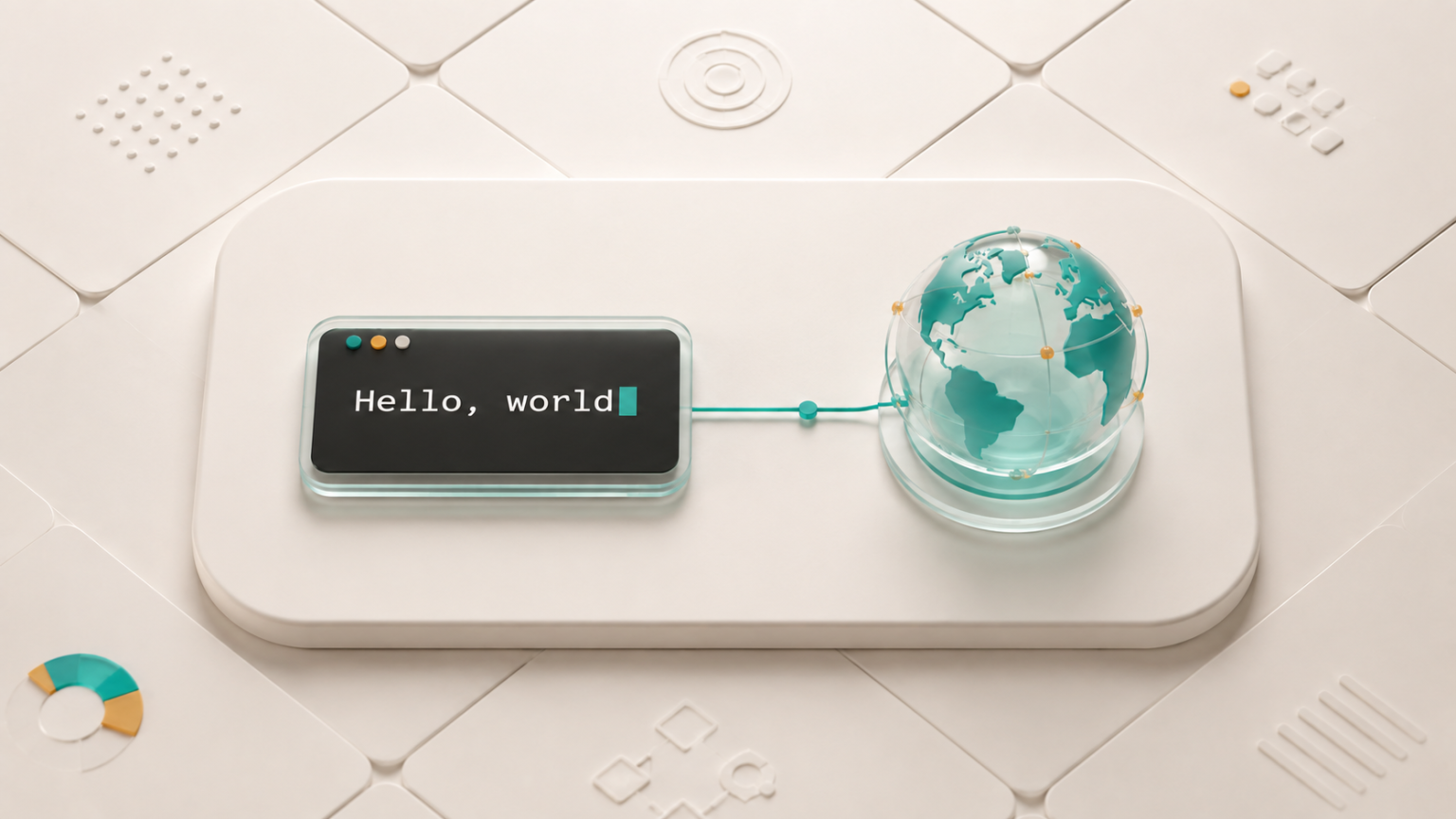A minimal console displaying Hello, world connected to a translucent globe