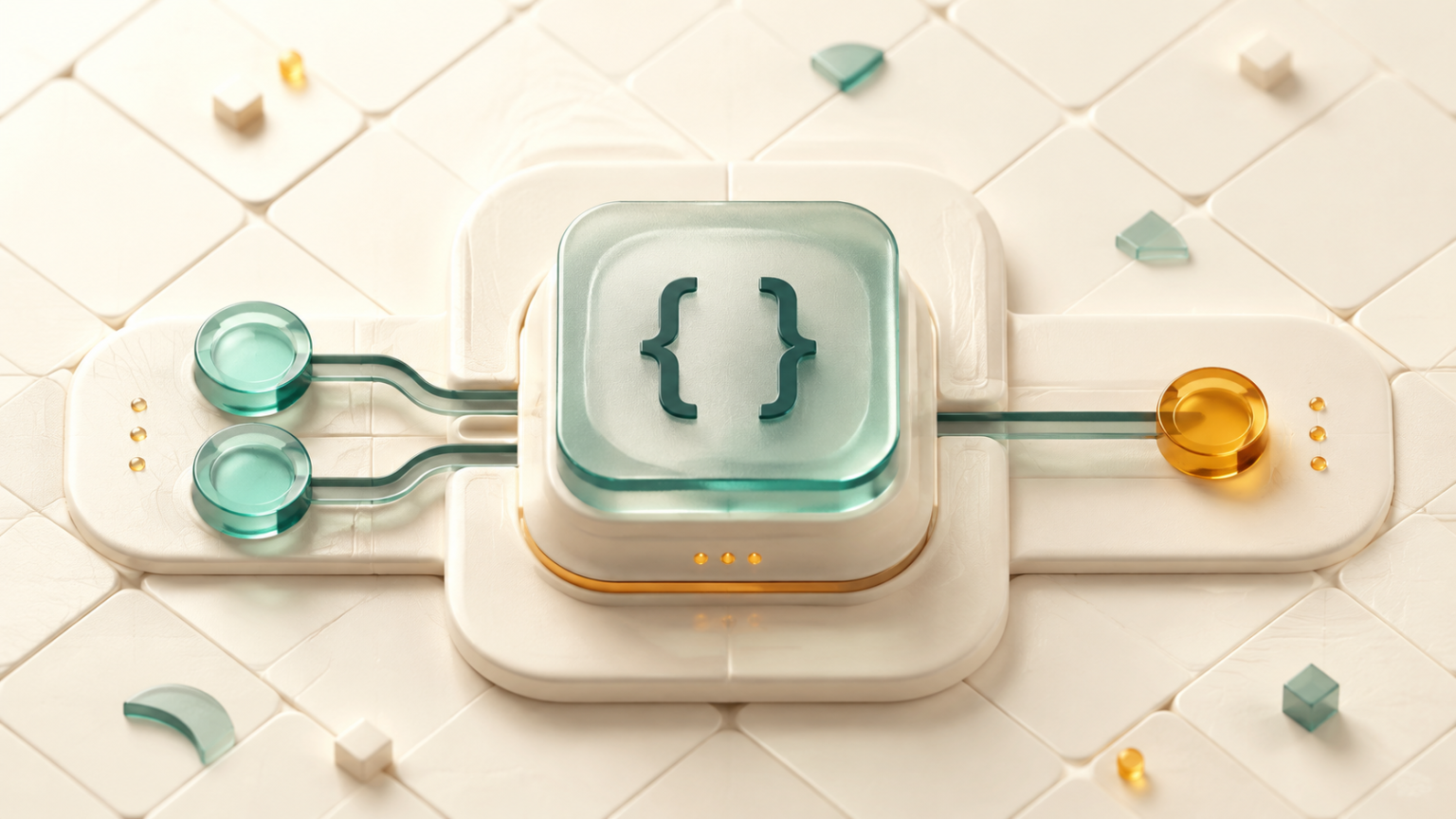 Two teal inputs connect to a glass module marked with curly braces, with an amber result on the other side.