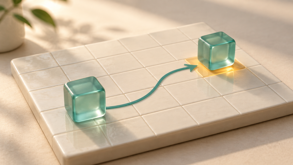 Two teal glass cubes on a cream coordinate grid, linked by an arrow indicating movement.