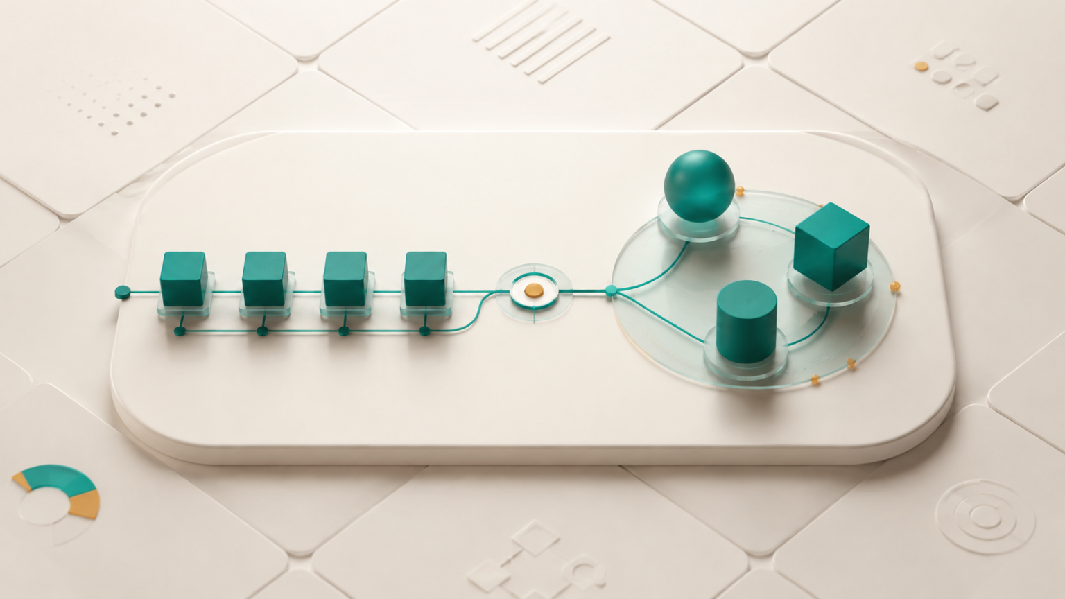 Abstract illustration of procedural steps connecting to structured objects
