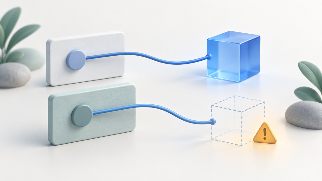 Two reference cards: one connected to a solid blue object, the other ending at an absent object shown as a dotted outline beside an amber warning symbol.