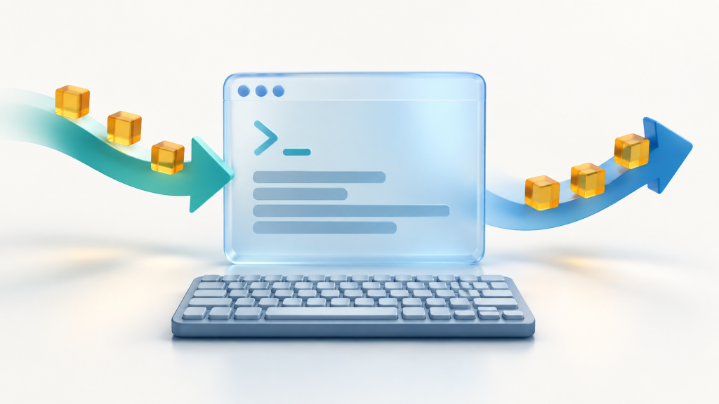 A keyboard and translucent terminal with arrows carrying data blocks into and out of the program.