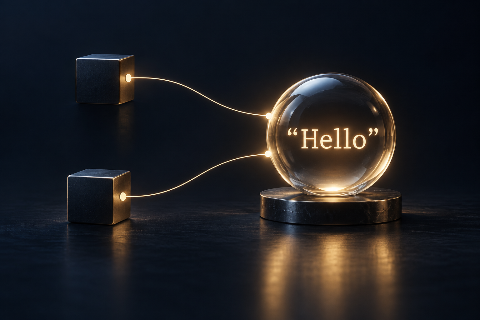 Two reference blocks connected to a shared glass object containing the word Hello.