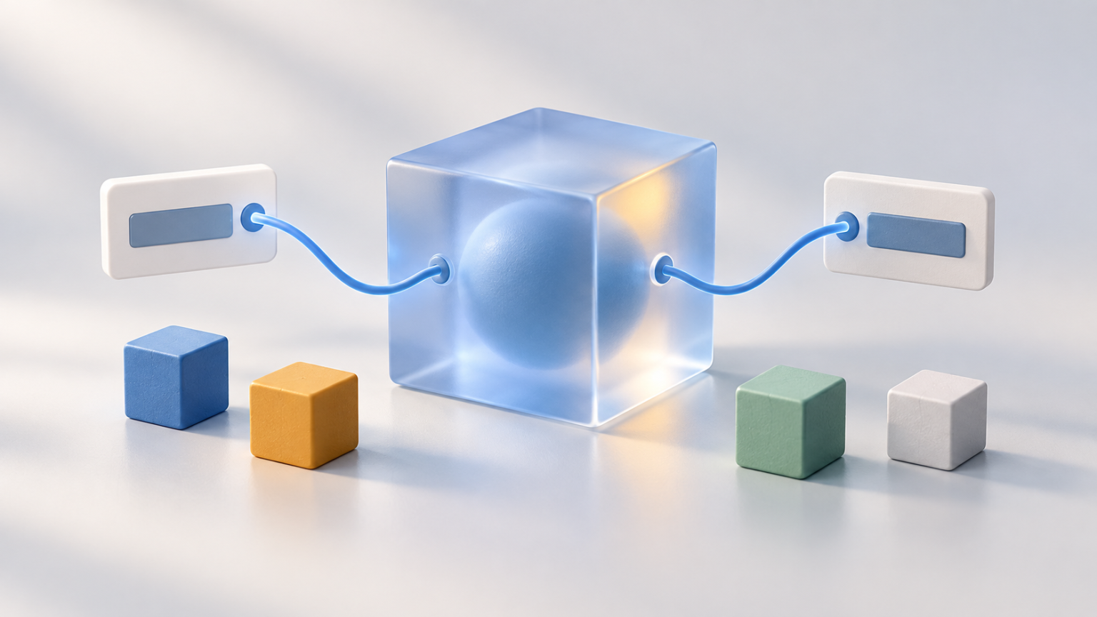 Two reference cards connect to one shared translucent cube, with separate smaller blocks representing primitive values.