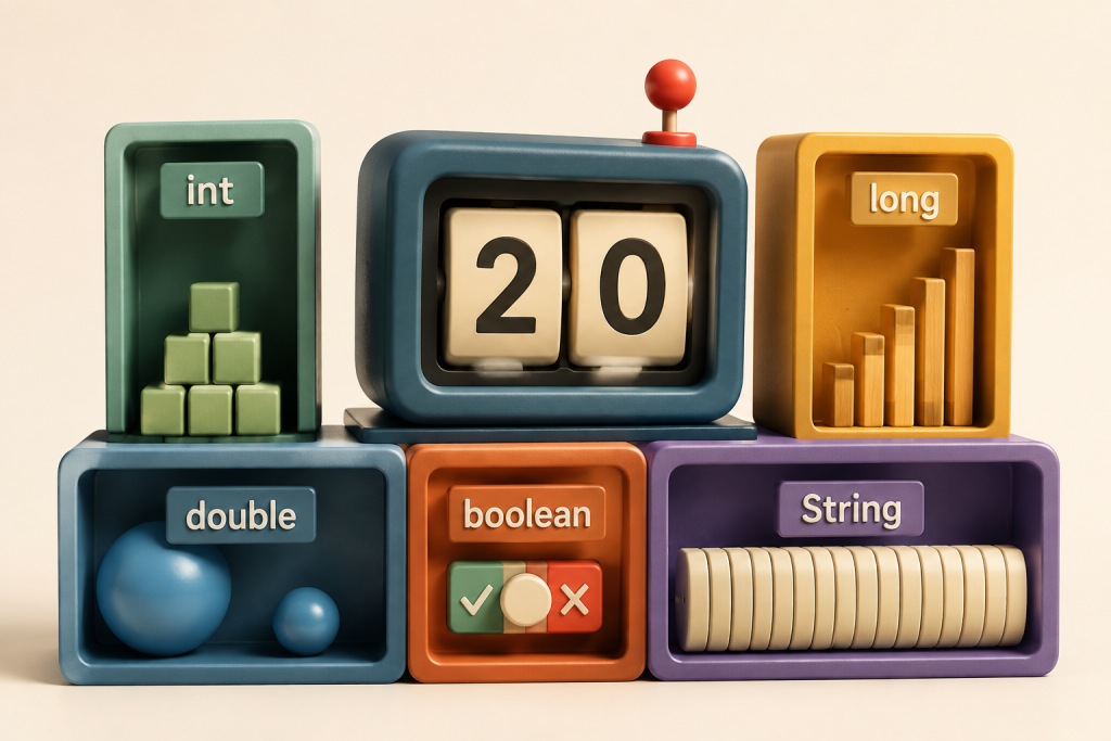 Game score counter showing 20, surrounded by compartments labelled int, long, double, boolean, and String.