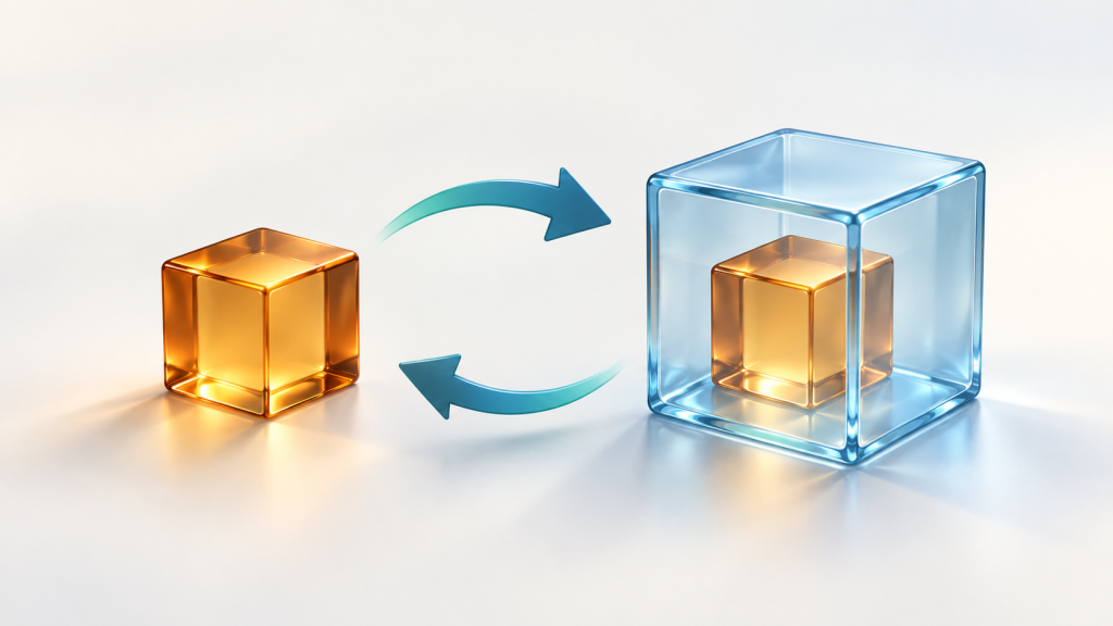 An amber cube shown bare and enclosed in a blue transparent cube, with arrows representing boxing and unboxing.